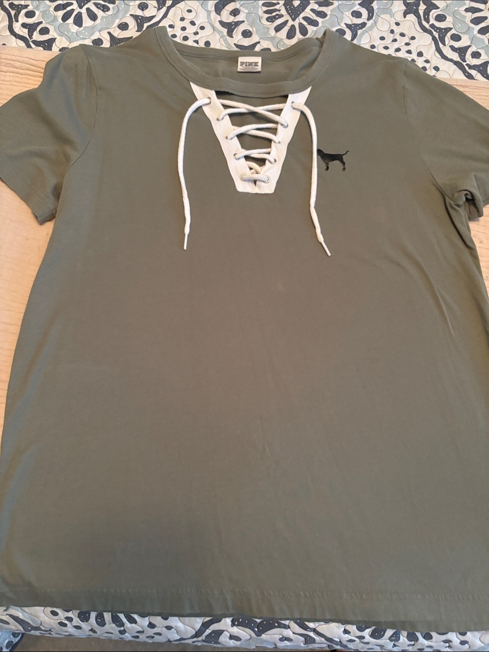 Victoria's Secret Olive Short Sleeve Tee with White Lace-Up V